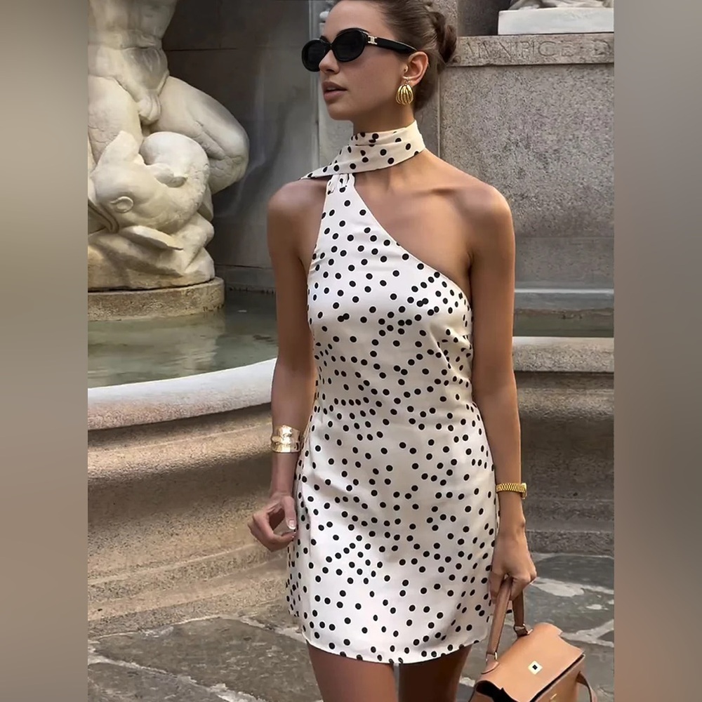 Commense Satin Polka Dot Asymmetrical Dress - Picture 3 of 12